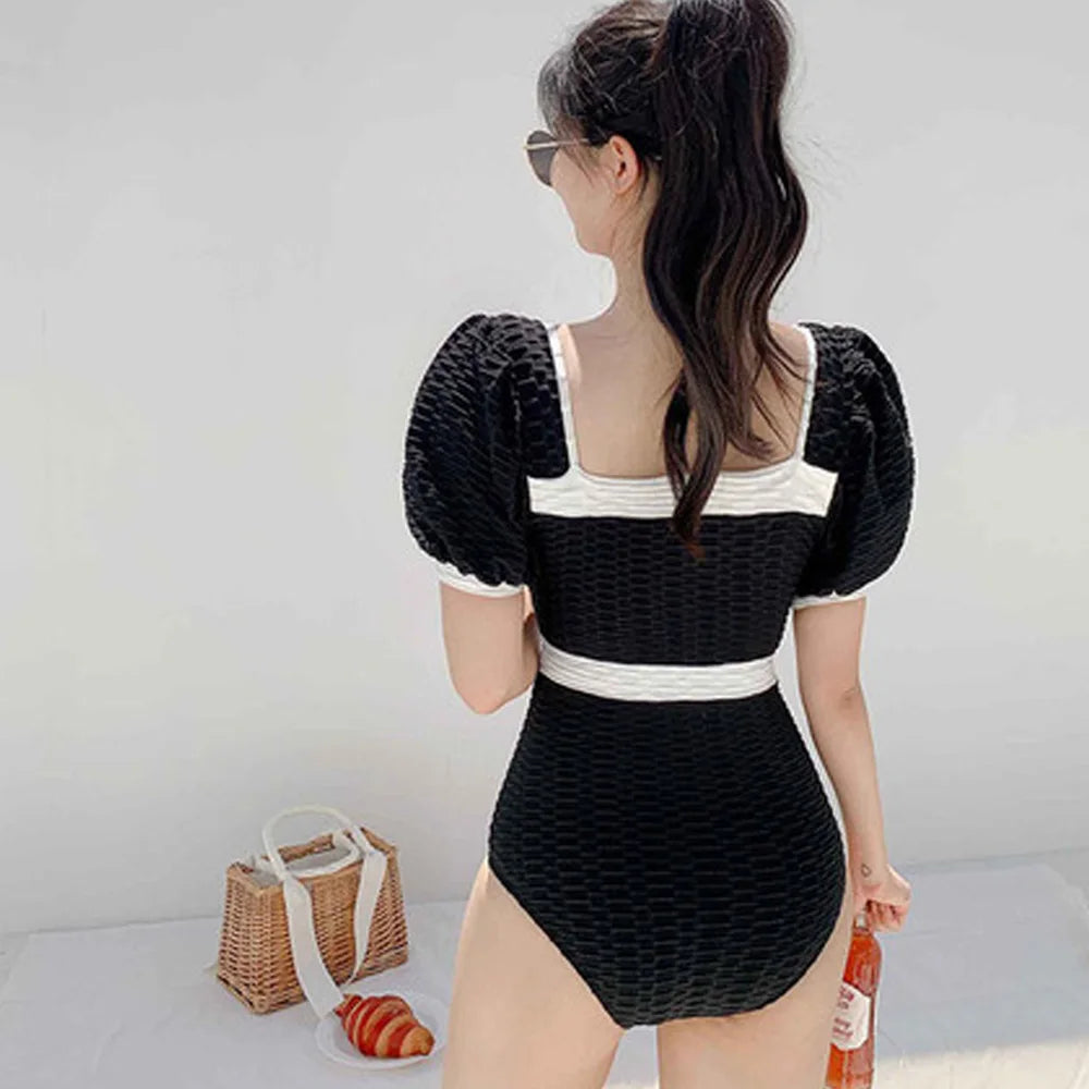 White Swimwear Women One Piece Swimsuit Female Korean Short Sleeve Bathing Suit High Waist Hollow Monokini