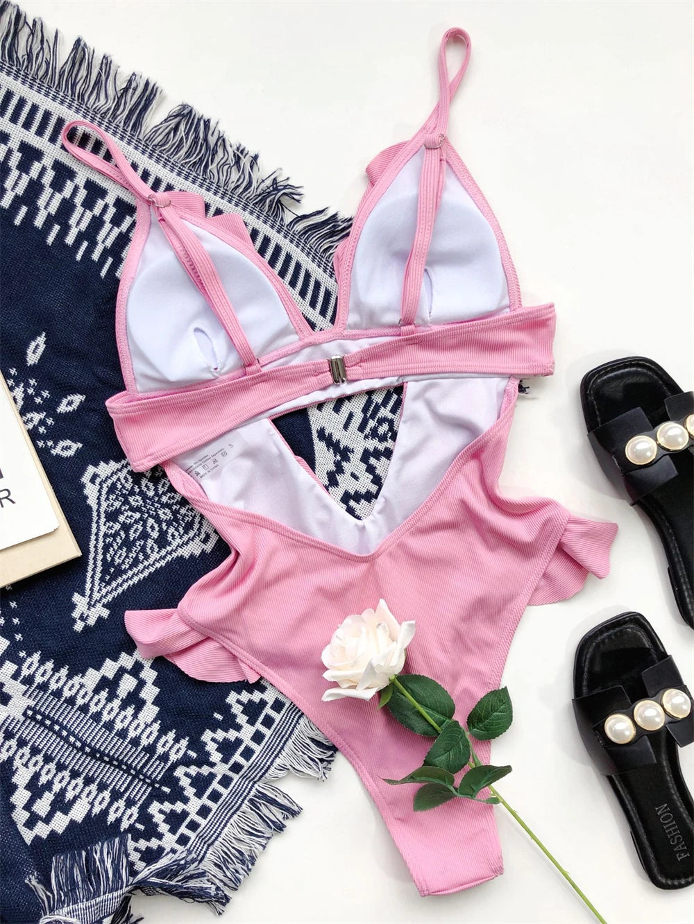 Ruffle One Piece Swimsuit Deep V Hollow Swimwear Women Backless Monokini Solid Bathing Suit Beachwear