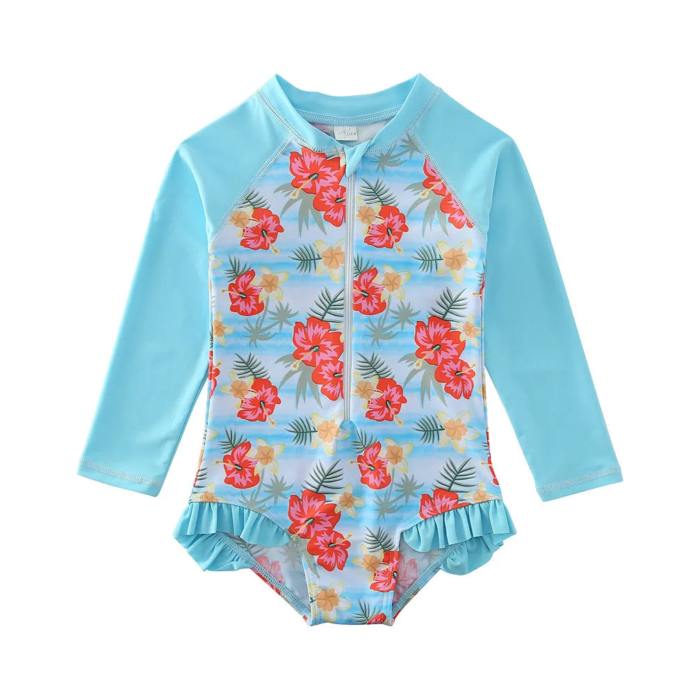Wishere One Piece Baby Girls Swimsuit UPF50+ Swimwear Sunsuit With Lace Long Sleeve Rash Guard Flower Print Summer Bathing Suit