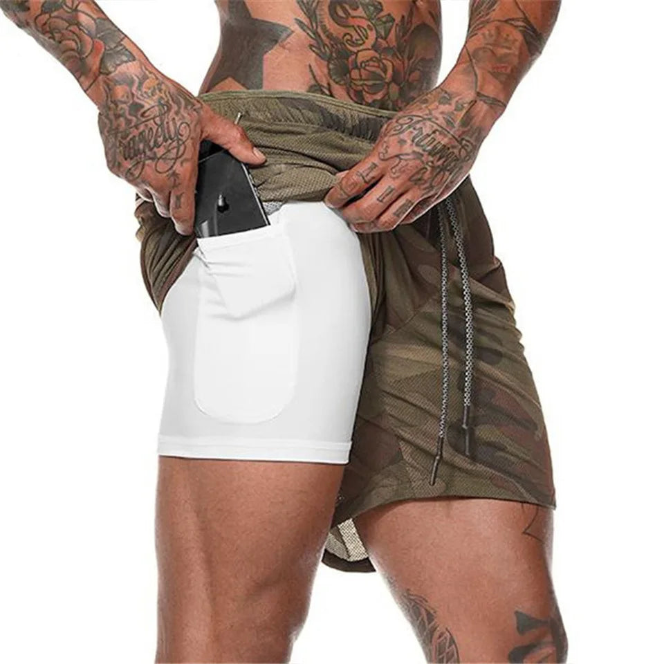 European Men's Sports Summer Double Layer Mobile Phone Pants Gym Exercise Jogging Training Shorts