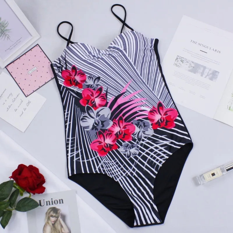 Floral Print Female One Piece Large Swimsuits Closed Plus Size Swimwear Push Up Women's Swimming Body Bathing Suit Pool Beach