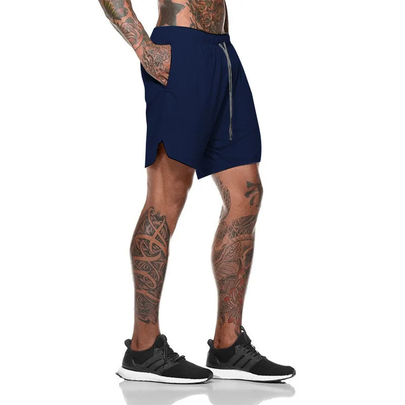 European Men's Sports Summer Double Layer Mobile Phone Pants Gym Exercise Jogging Training Shorts