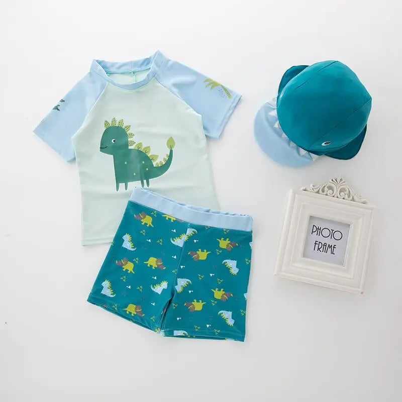 Boys' Cartoon Rash Guard Swim Set with Shorts & Hat