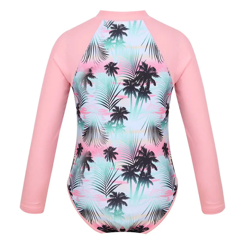 Summer Swimming One-piece Kids Girls Swimsuit Rash Guard Long Sleeves Palm Printed Zippered Bathing Suit Swimwear Beach Wear
