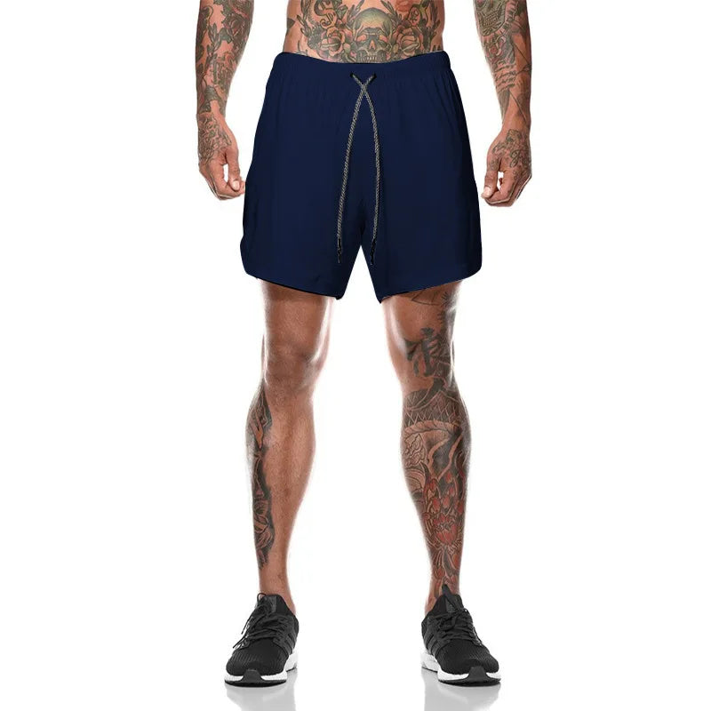 European Men's Sports Summer Double Layer Mobile Phone Pants Gym Exercise Jogging Training Shorts