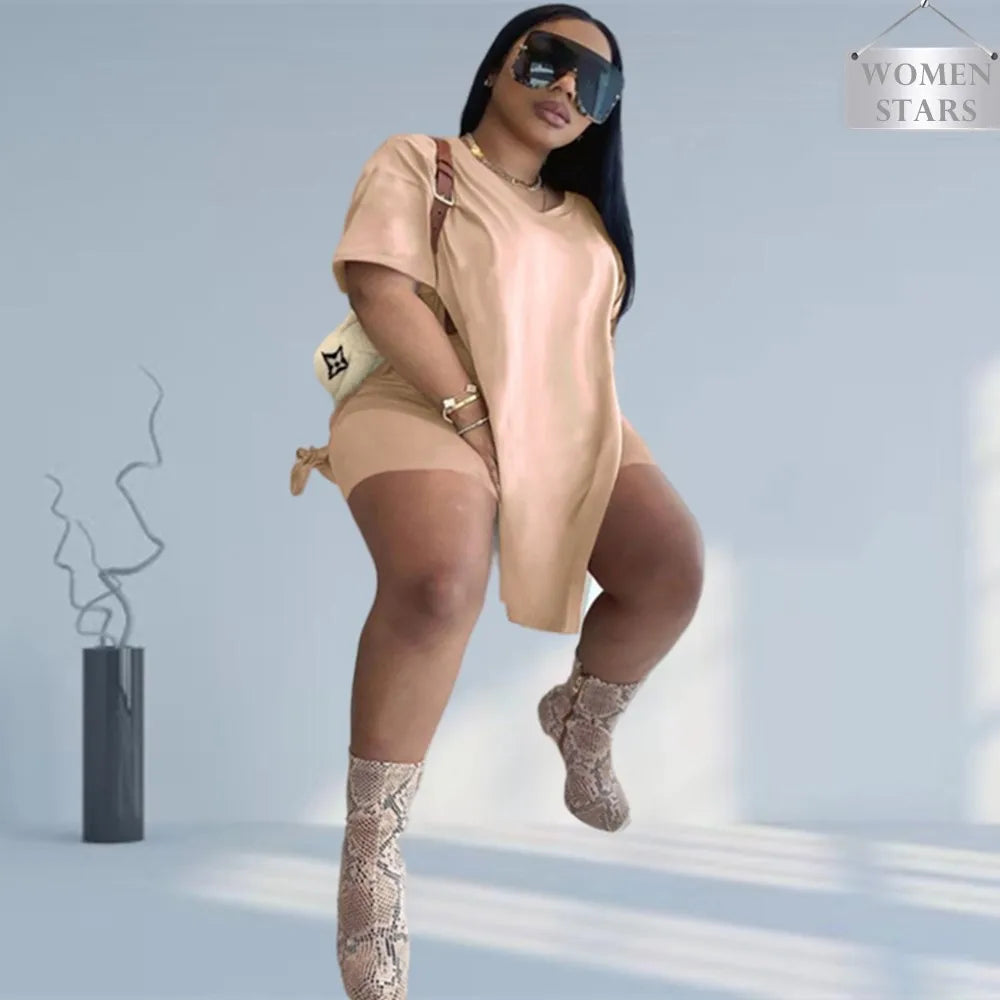 Plus Size Women Clothing Two Piece Set 4xl Summer Slip HemTop Shorts Suit Casual Tracksuit Streetwear