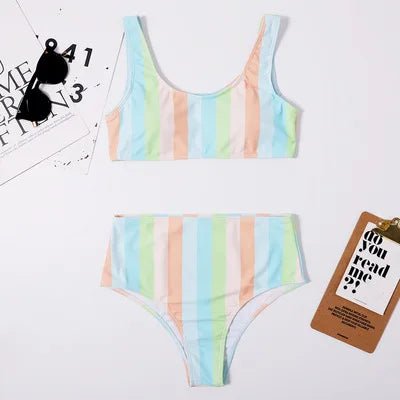 Striped Swimwear Women Push Up High Waist Bikini Halter Bikini Set Hollow Out Print Bathing Suit Two Piece Swimsuit