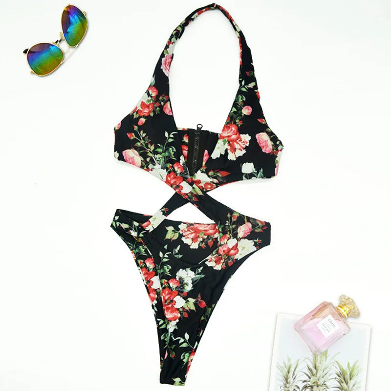 High Cut Out Halter Female Swimwear One Piece Swimsuit Women Cross Bandage Monokini Bather Bathing Suit Swim Bodysuit