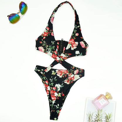 High Cut Out Halter Female Swimwear One Piece Swimsuit Women Cross Bandage Monokini Bather Bathing Suit Swim Bodysuit