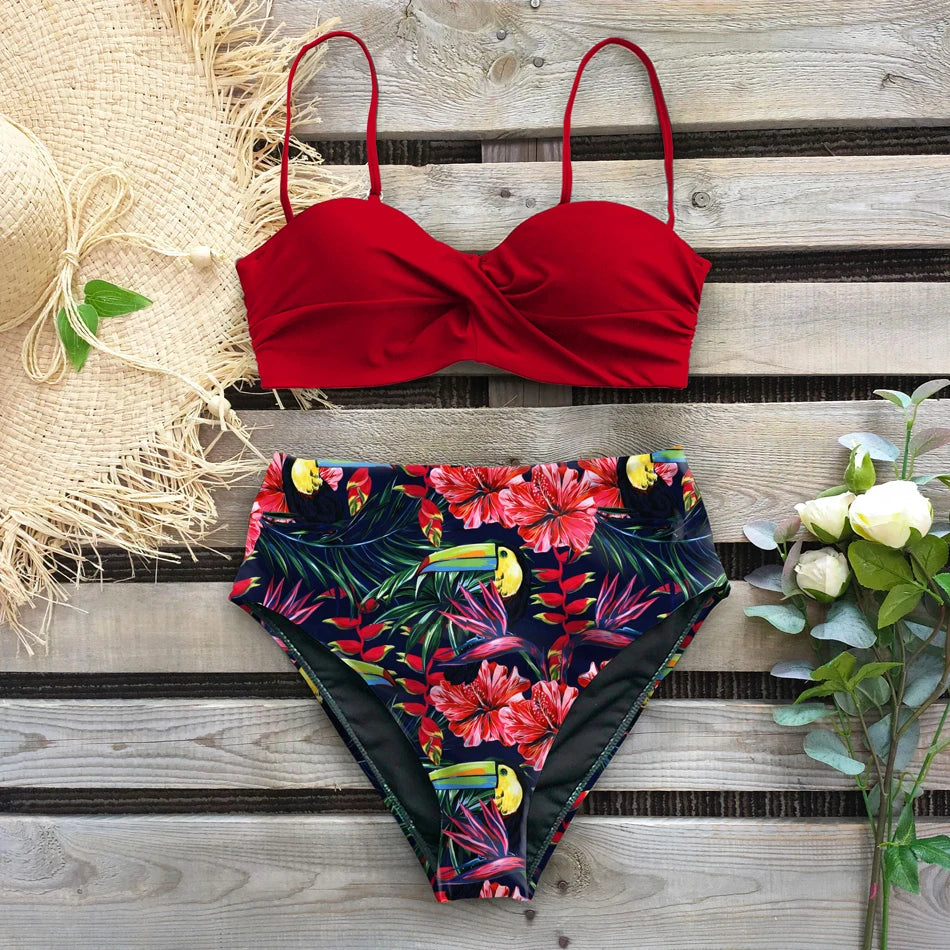 Leaf Print Bikini Female Swimsuit Women Swimwear Thong Push Up Bikinis Set High Waist Swimming Suits for Bathing Suit