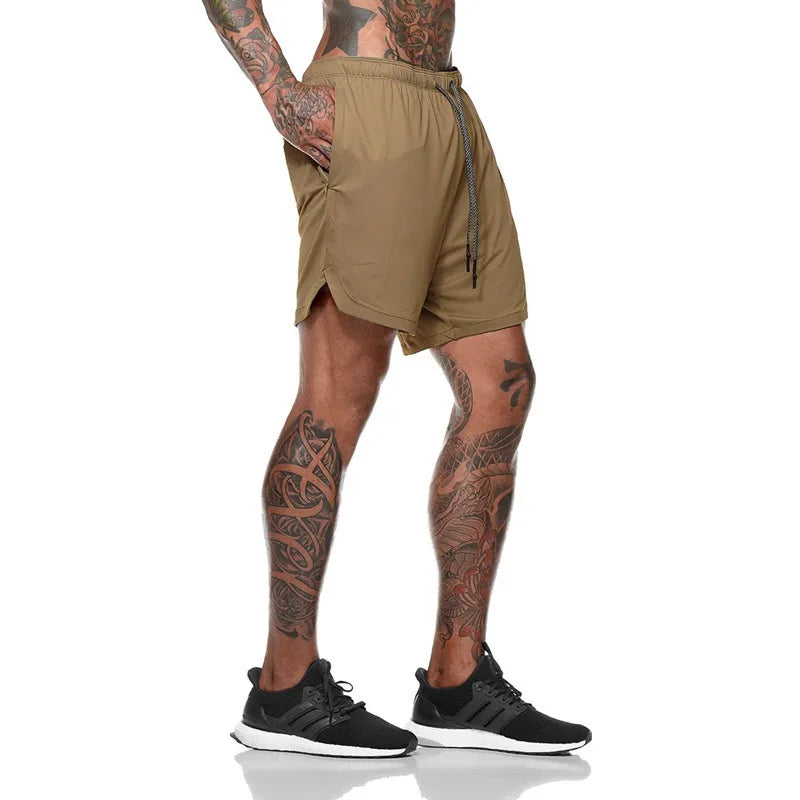 European Men's Sports Summer Double Layer Mobile Phone Pants Gym Exercise Jogging Training Shorts
