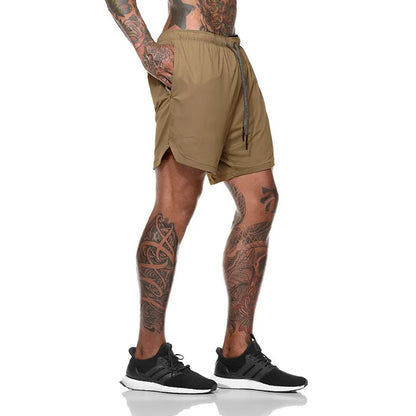 European Men's Sports Summer Double Layer Mobile Phone Pants Gym Exercise Jogging Training Shorts