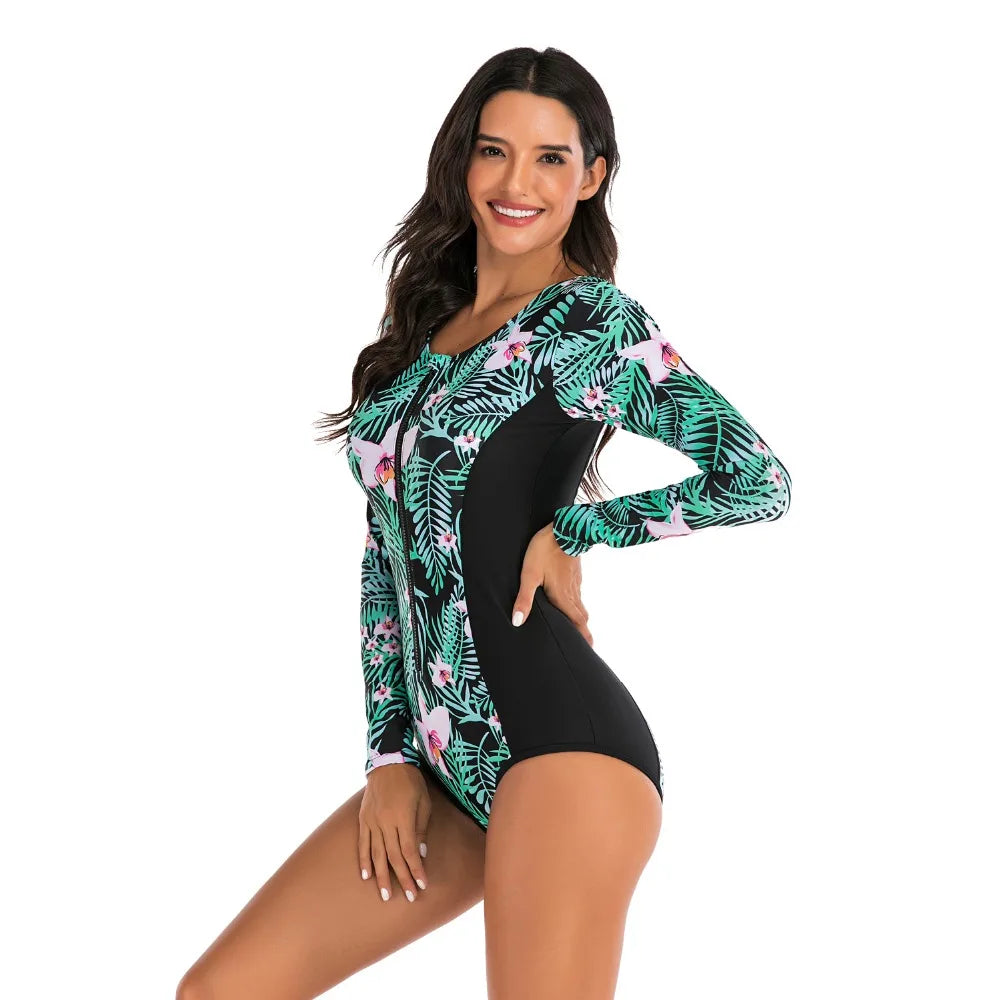 Female One-piece Wetsuit Long Sleeve Swimsuit Surfing Swimwear Women Jumpsuit Zip Front Swimsuit Diving Snorkeling Rash guard 2XL