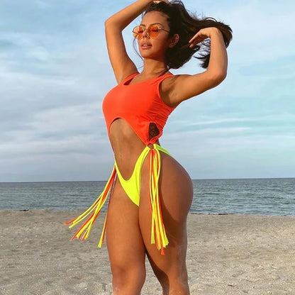 Splicing High Cut Out One Piece Swimsuit Women Tassel Swimwear Female Bathing Suit String Leopard Bikini Monokini Lady