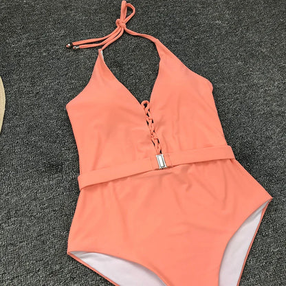 Lace Up Halter Female Swimwear One Piece Swimsuit Women Backless Monokini with Waist Belt Bathing Suit Swim Bodysuit
