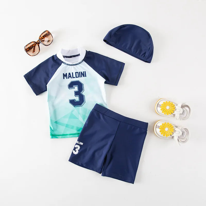 Boys' Cartoon Rash Guard Swim Set with Shorts & Hat