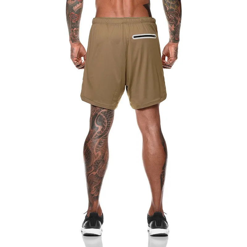 European Men's Sports Summer Double Layer Mobile Phone Pants Gym Exercise Jogging Training Shorts