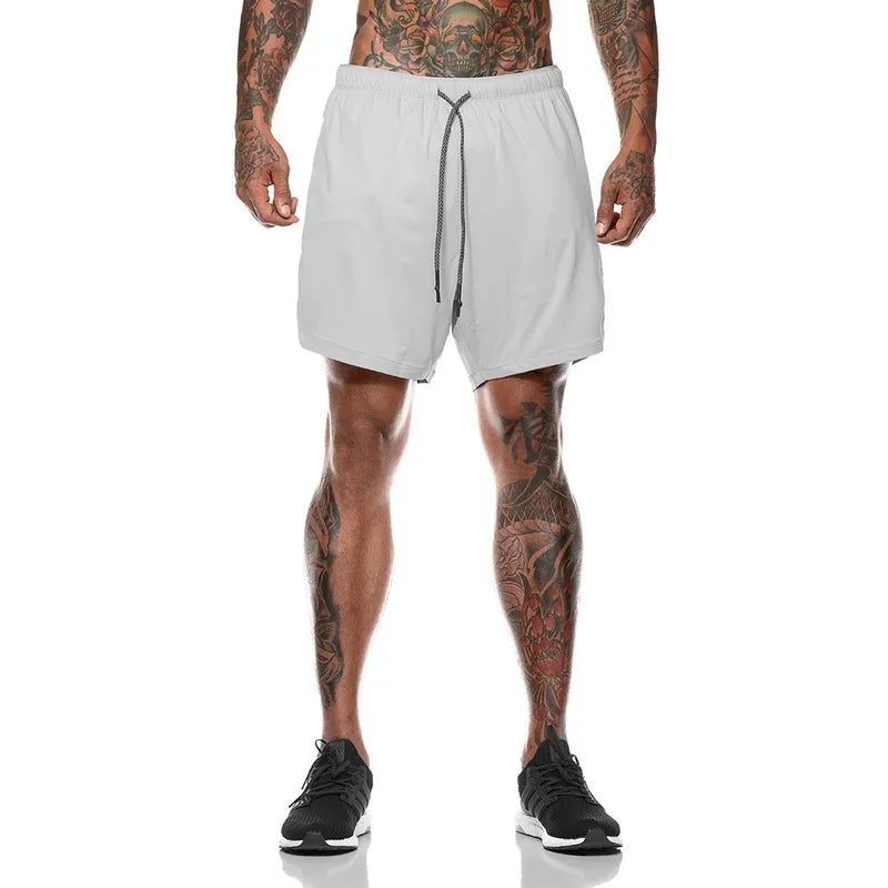 European Men's Sports Summer Double Layer Mobile Phone Pants Gym Exercise Jogging Training Shorts