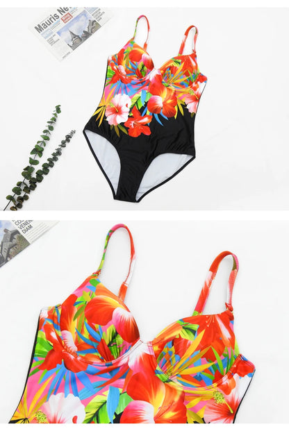 One Piece Swimsuit Closed Large Size Print Swimwear Women Flower Push Up Swimsuits Body Female Beach Bathing Suit XXL