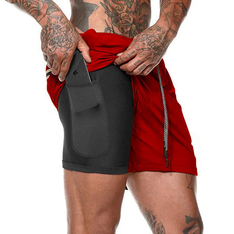 European Men's Sports Summer Double Layer Mobile Phone Pants Gym Exercise Jogging Training Shorts