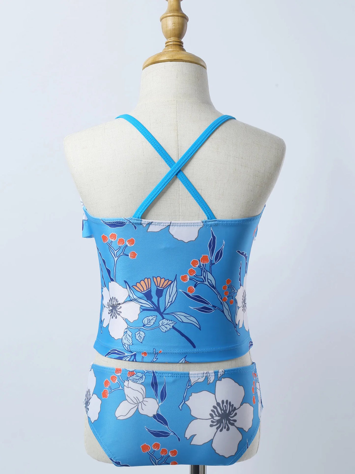 Kids Girls Swimwear Ruffle Neck Floral Pattern Tankini Swimsuit Swimwear Bathing Suit Set Tops with Bottoms Beach Bathing Suit