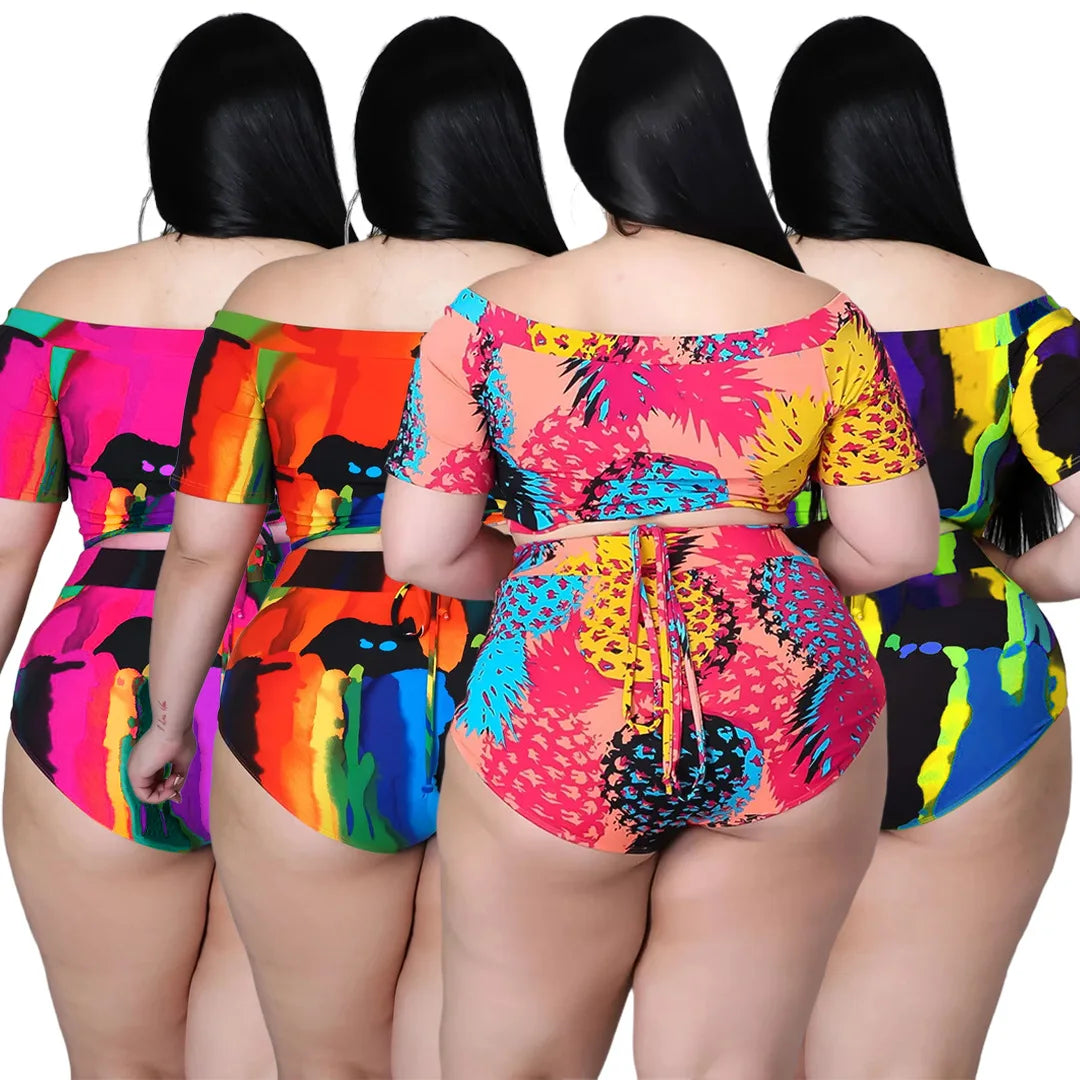 XL-5XL Plus Size two piece Bikini set Swimsuit summer printing Bandage top and shorts outfits women