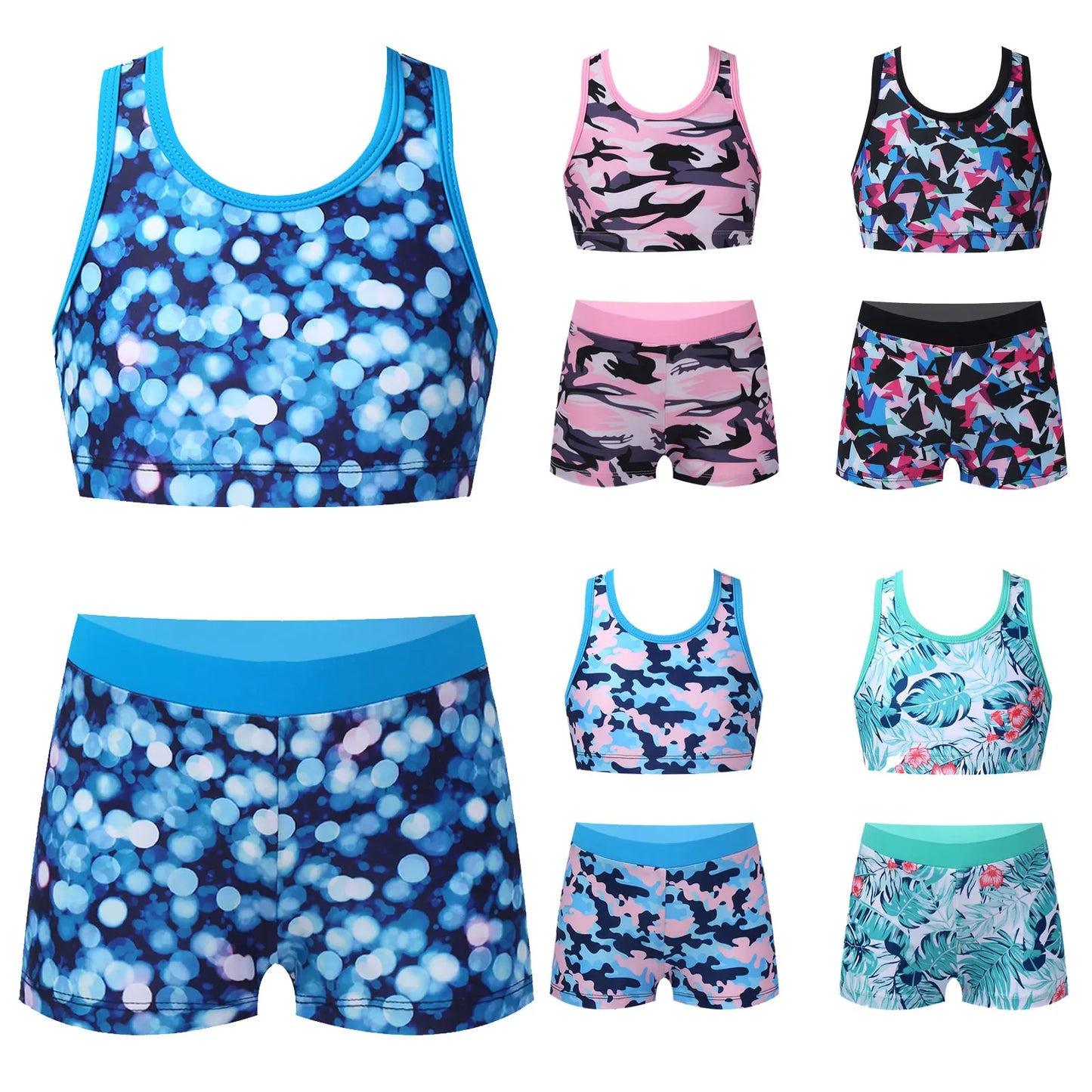 Kids Girls Athletic Tankini Set Swimsuit Racer Back Vest Bra Top + Bottoms Print Sport Bathing Suit For Beach Pool Swimming