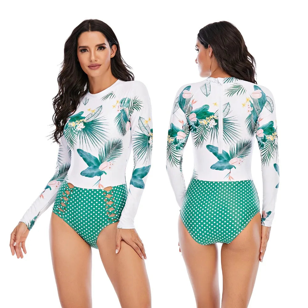 Women 2XL Diving Rashguard Long Sleeve UV Sun Protection Swimsuit Zipper Swimwear Printed Surfing Suit Rash Guards Bathing Suit