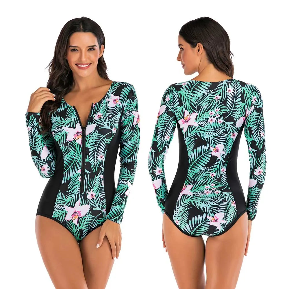 Female One-piece Wetsuit Long Sleeve Swimsuit Surfing Swimwear Women Jumpsuit Zip Front Swimsuit Diving Snorkeling Rash guard 2XL