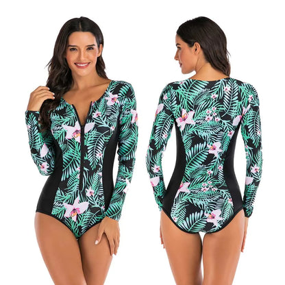 Female One-piece Wetsuit Long Sleeve Swimsuit Surfing Swimwear Women Jumpsuit Zip Front Swimsuit Diving Snorkeling Rash guard 2XL