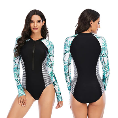 Women 2XL Diving Rashguard Long Sleeve UV Sun Protection Swimsuit Zipper Swimwear Printed Surfing Suit Rash Guards Bathing Suit