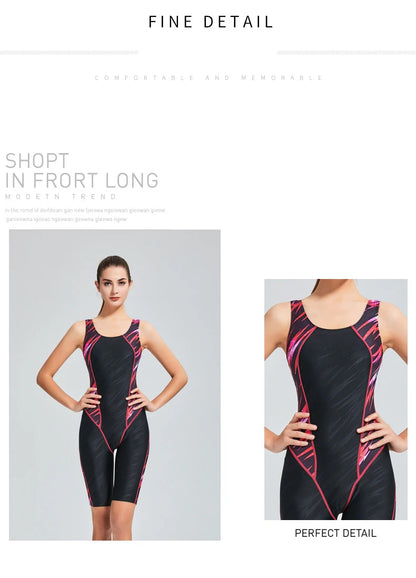 Quick Dry Swimwear Professional Knee Length Round Neck Swimsuit Women One Piece Sport Bathing Suit Rashguard Surf