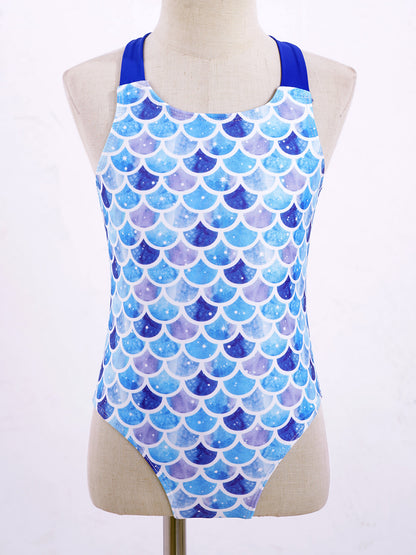 Little Girls Mermaid Fish Scales Swimsuit Sleeveless Cartoon Print One-piece Swimwear Summer Beachwear Bathing Suit