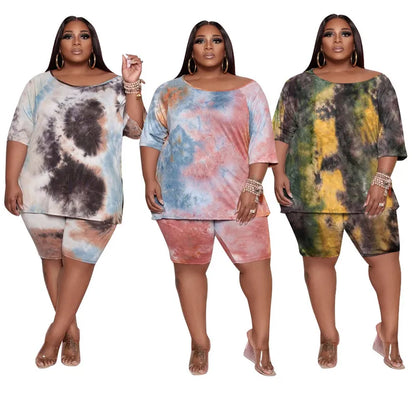 Plus Size Two Piece Set Women Wholesale Shorts Sets Tie Dye Casual Tshirt Crop Top and Short Pants Summer Tracksuit