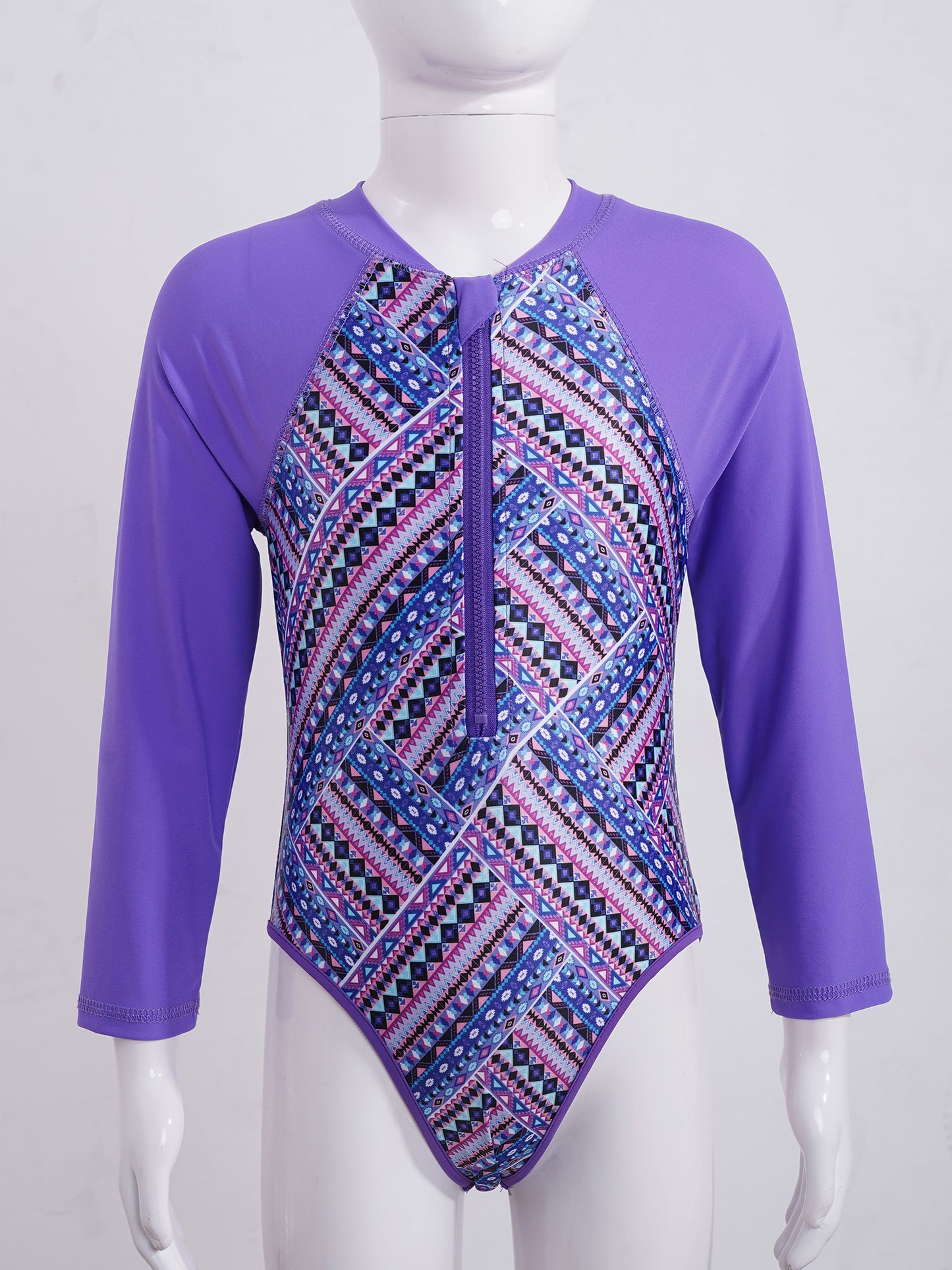 Summer Swimming One-piece Kids Girls Swimsuit Rash Guard Long Sleeves Palm Printed Zippered Bathing Suit Swimwear Beach Wear