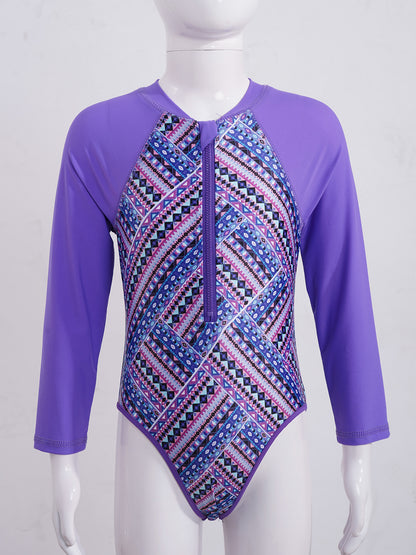Summer Swimming One-piece Kids Girls Swimsuit Rash Guard Long Sleeves Palm Printed Zippered Bathing Suit Swimwear Beach Wear