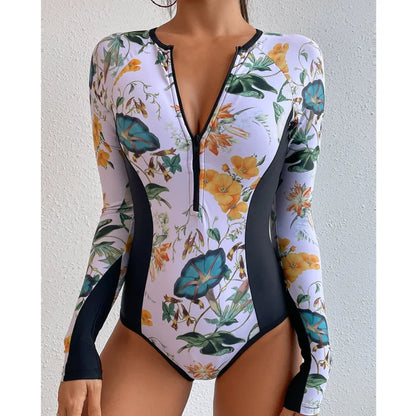 White Solid Color One-Piece Swimsuit Long Sleeve Swimwear Sports Women's Swimming Bathing Suit Beach Bather Surfing Swim Wear
