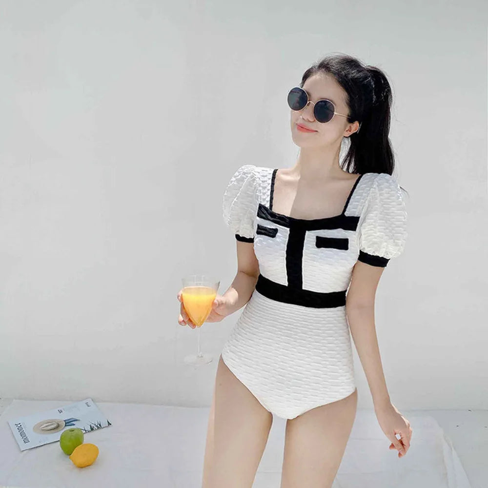 White Swimwear Women One Piece Swimsuit Female Korean Short Sleeve Bathing Suit High Waist Hollow Monokini