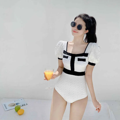 White Swimwear Women One Piece Swimsuit Female Korean Short Sleeve Bathing Suit High Waist Hollow Monokini