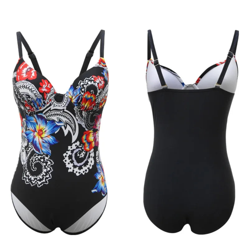 Floral Large Size Swimwear With Push Up Plus Size One-piece Female Swimsuit Closed Body Bathing Suits Women Swim Beach Pool