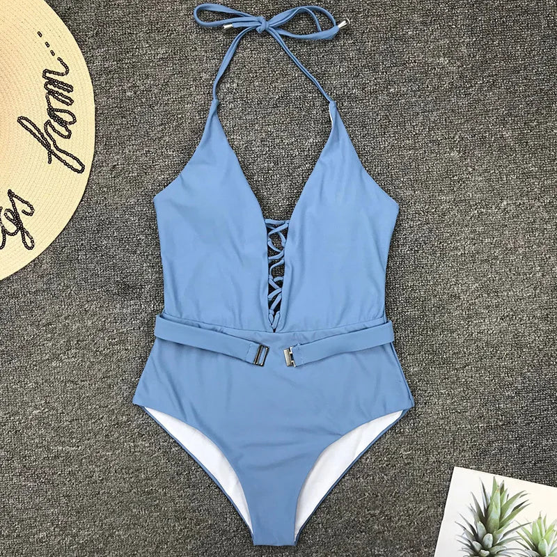 Lace Up Halter Female Swimwear One Piece Swimsuit Women Backless Monokini with Waist Belt Bathing Suit Swim Bodysuit
