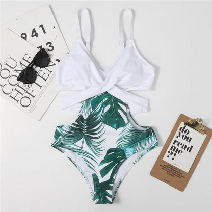 Leaf Print Design Swimwear Women One Piece Swimsuit Bathers