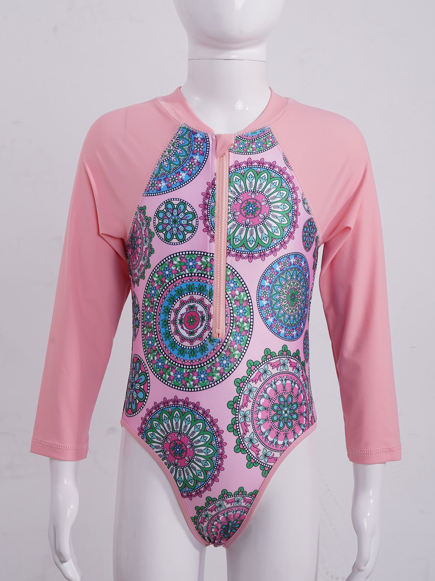 Summer Swimming One-piece Kids Girls Swimsuit Rash Guard Long Sleeves Palm Printed Zippered Bathing Suit Swimwear Beach Wear