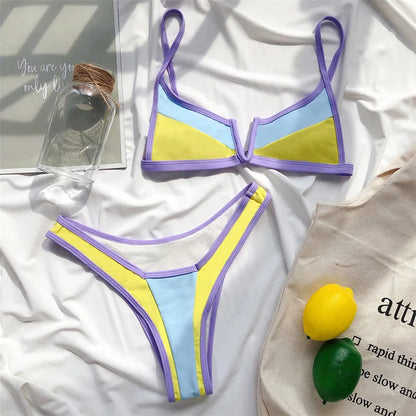 Splicing Denim V Shaped Thong Bikini Women Swimsuit Female Swimwear Two Pieces Bikini Set Bather Push Up Bathing Suit Swim Lady