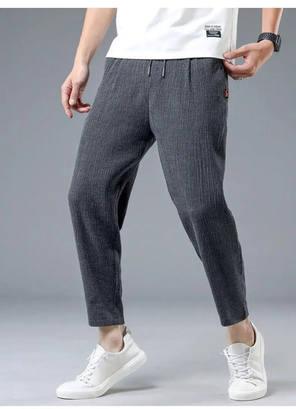 Ice Silk Linen Man Sport Pants Casual Wide Summer Sweatpants Male Drawstring Spring Autumn Lightweight Halking Harem Trousers