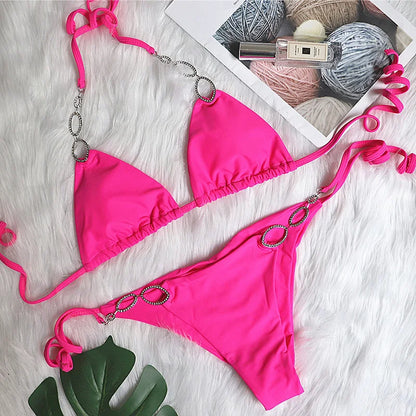 Halter Diamond Bikini Women Swimsuit Female Metal Chains Swimwear Two Pieces Bikini set Brazilian Bather Bathing Suit Swim