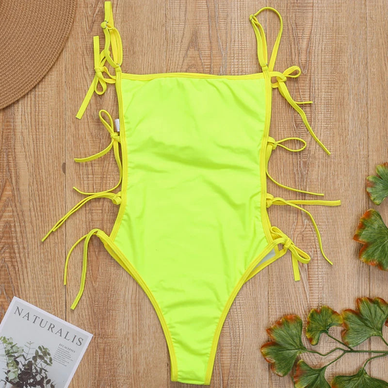 Tie Side High Cut Female Bandeau Swimwear One Piece Swimsuit Women Monokini Bather Bathing Suit Swim Beachwear Bodysuit