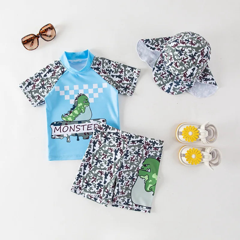Boys' Cartoon Rash Guard Swim Set with Shorts & Hat