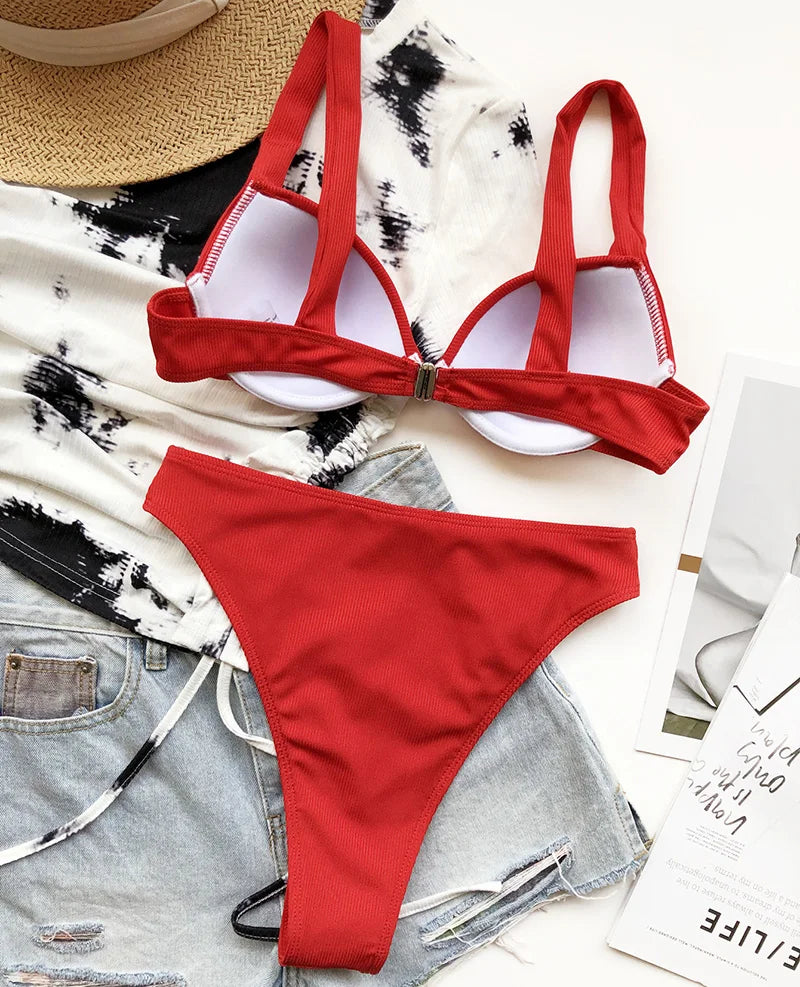 Ribbed Bra Cup High Waist Bikini Women Swimsuit Female Swimwear Two Pieces Bikini set Push Up Bather Bathing Suit Swim Lady