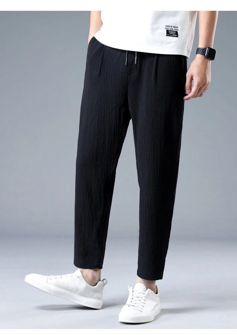 Ice Silk Linen Man Sport Pants Casual Wide Summer Sweatpants Male Drawstring Spring Autumn Lightweight Halking Harem Trousers